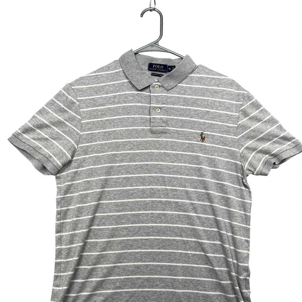 Polo Ralph Lauren Polo Shirt Mens M Grey White Striped Pima Soft Touch Logo